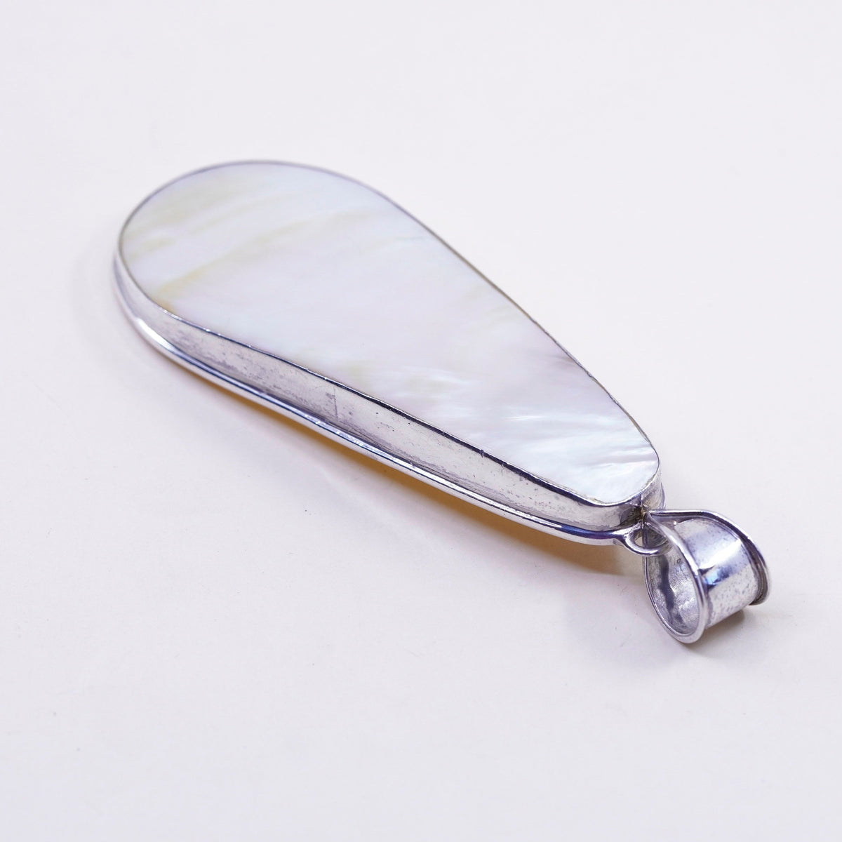 Vintage sterling silver handmade pendant, huge 925 teardrop mother of pearl