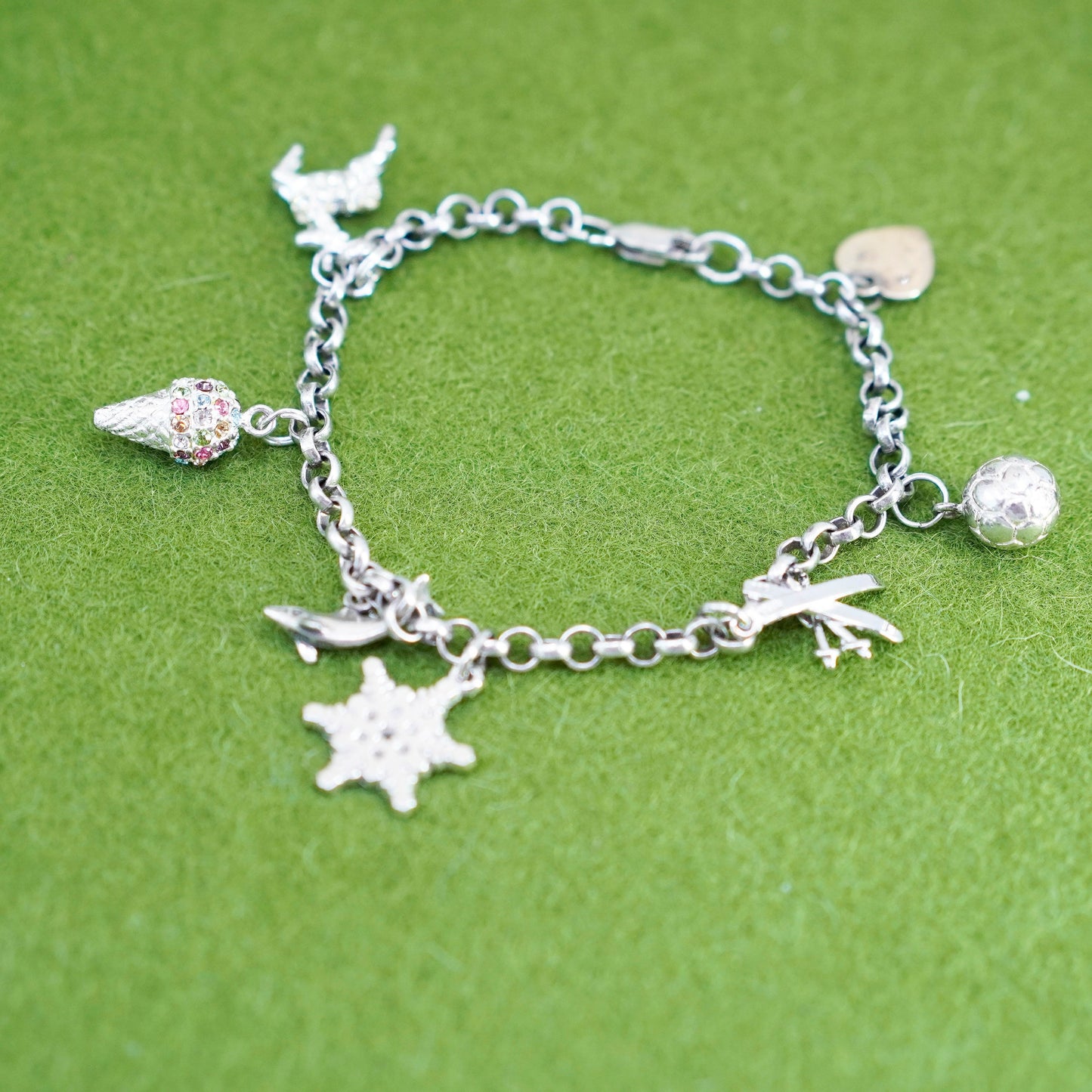 6.5”, sterling 925 silver circle charm bracelet ice cream snowflake football