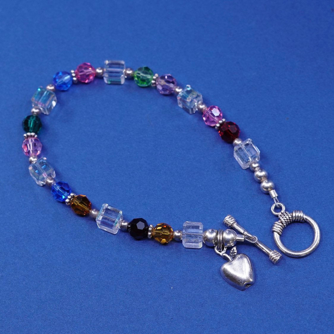 7”, sterling silver handmade bracelet 925 Apple charm w/ crystal beads N toggle