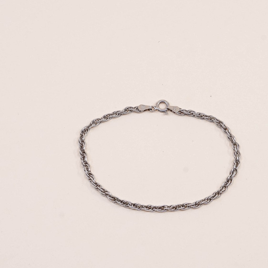 7", 3mm, Vintage sterling silver Italy rope chain bracelet, stamped italy 925
