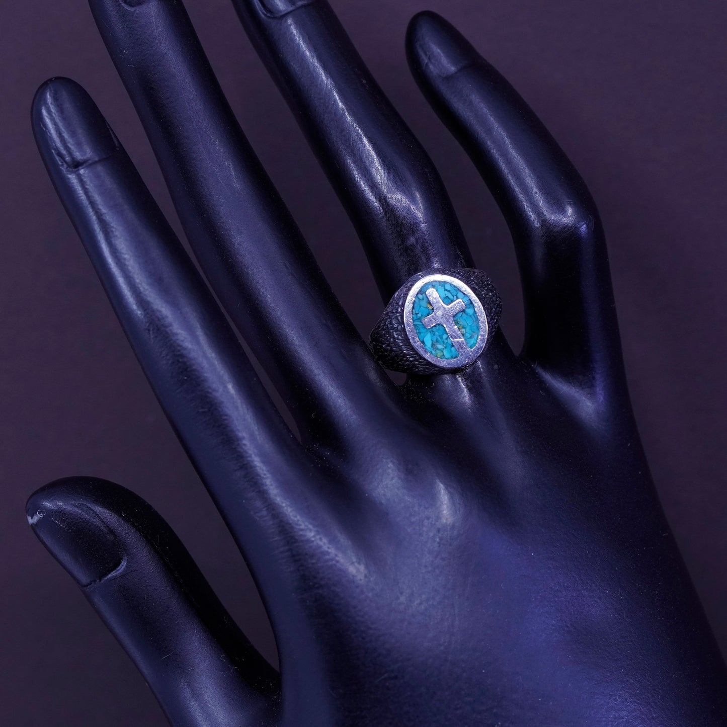 Size 7, zuni Sterling silver ring, Native American 925 cross band w/ turquoise
