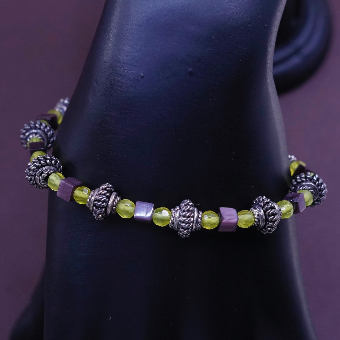 7", Sterling 925 silver bracelet w/ peridot N golden tiger eye beads bracelet