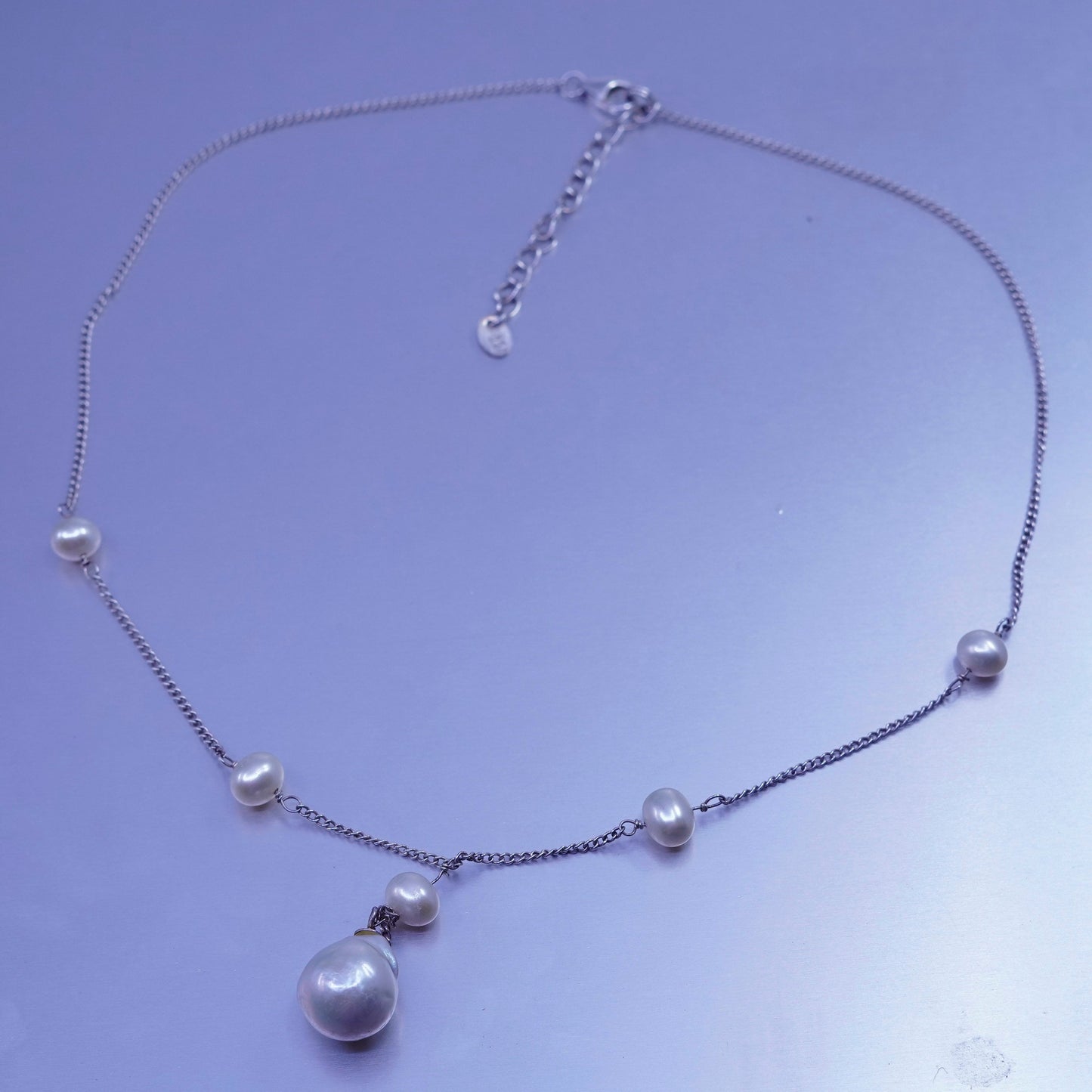 18+2”, Vintage Sterling 925 silver curb chain necklace w/ baroque pearl pendant