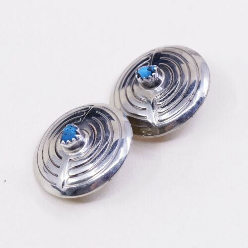 Vintage Sterling Silver Handmade Earrings, Navajo 925 Ribbed Studs W/ Turquoise
