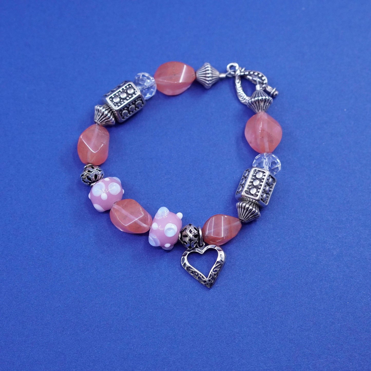 6.5”, sterling 925 silver handmade bracelet, nugget quartz filigree heart charm