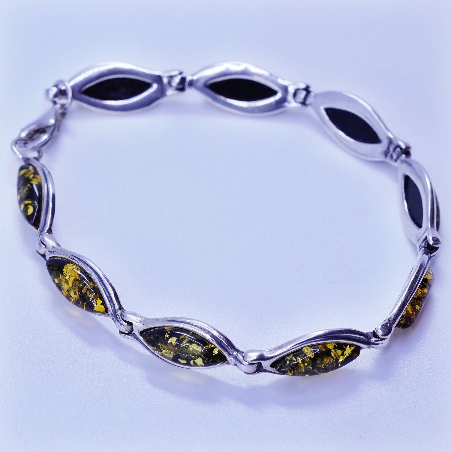 7.25”, Vintage Sterling 925 silver handmade tennis bracelet chain with amber