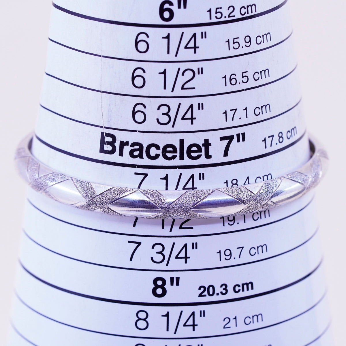 7.5”, vtg sterling silver handmade bracelet, cross textured 925 hinged bangle