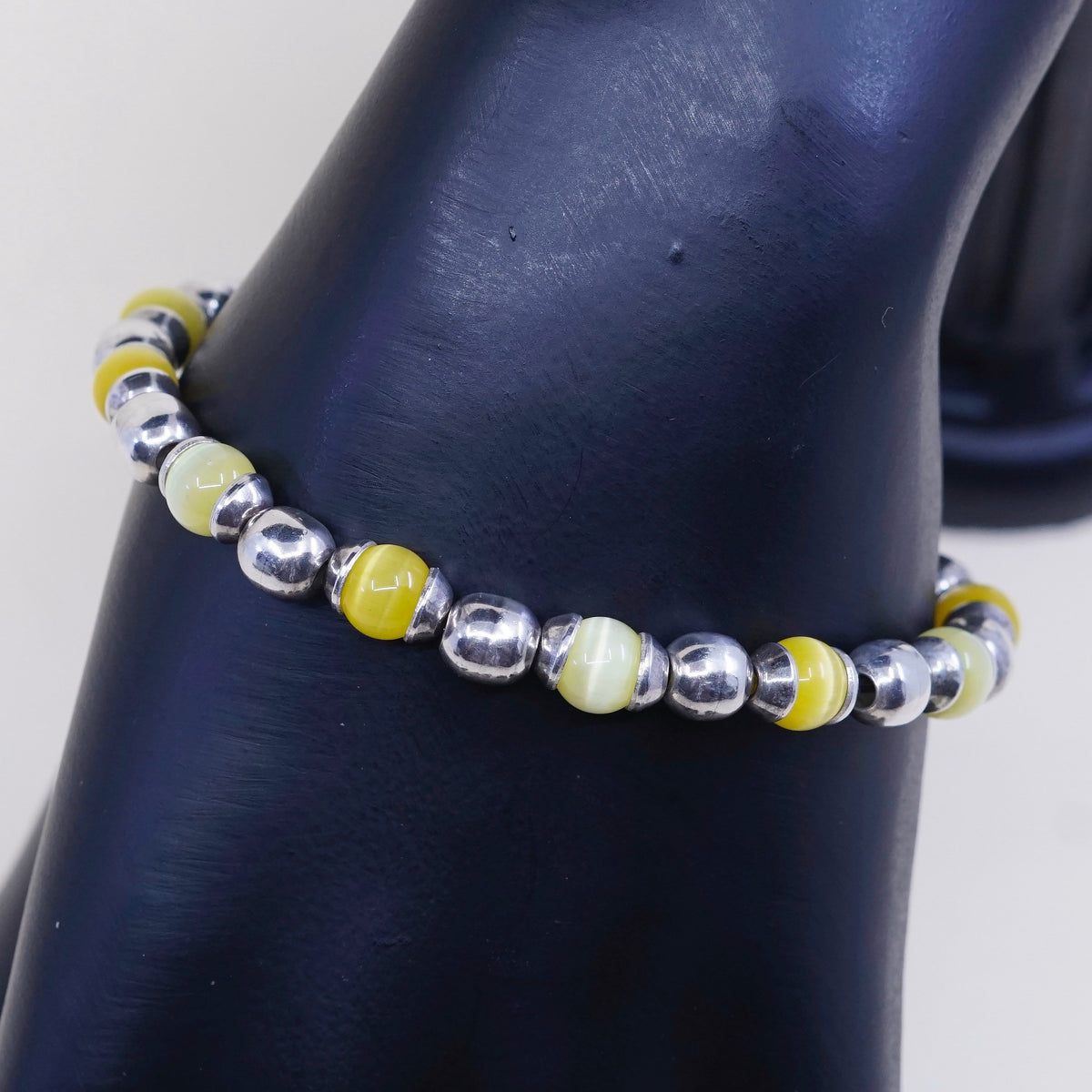 6.5”, vtg sterling 925 silver handmade bracelet, yellow tiger eye beads