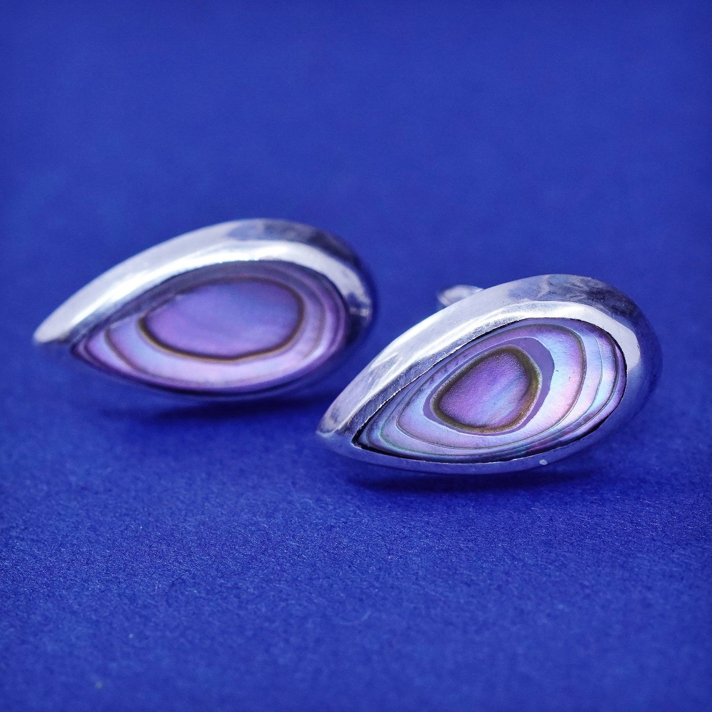 Vintage sterling silver handmade earrings, 925 teardrop studs with abalone