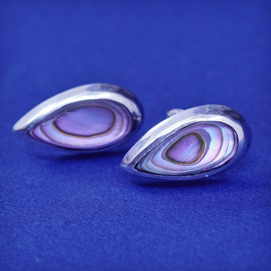 Vintage sterling silver handmade earrings, 925 teardrop studs with abalone