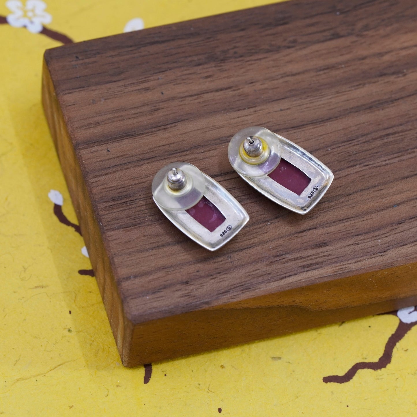 vtg Mexico Sterling silver handmade earrings, 925 rectangular studs red jasper