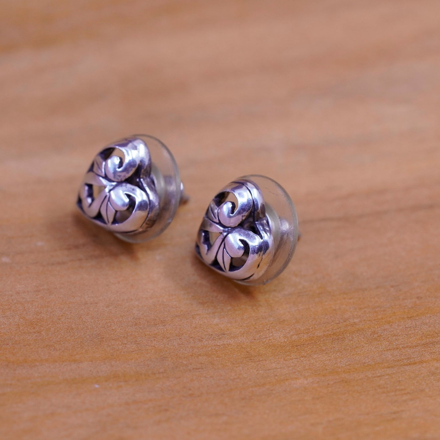 Vintage Sterling silver handmade earrings, filigree 925 heart studs
