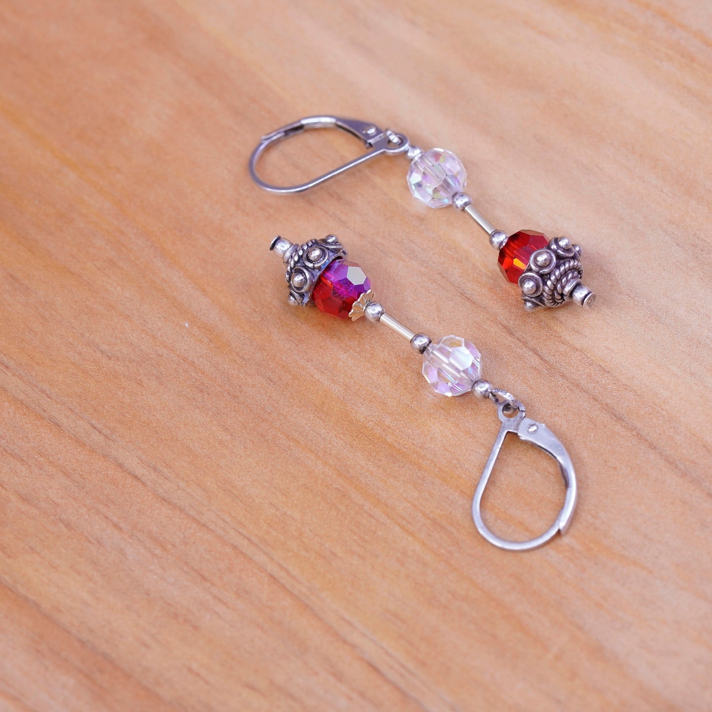 Vintage Sterling 925 silver handmade earrings with clear red Swarovski crystal