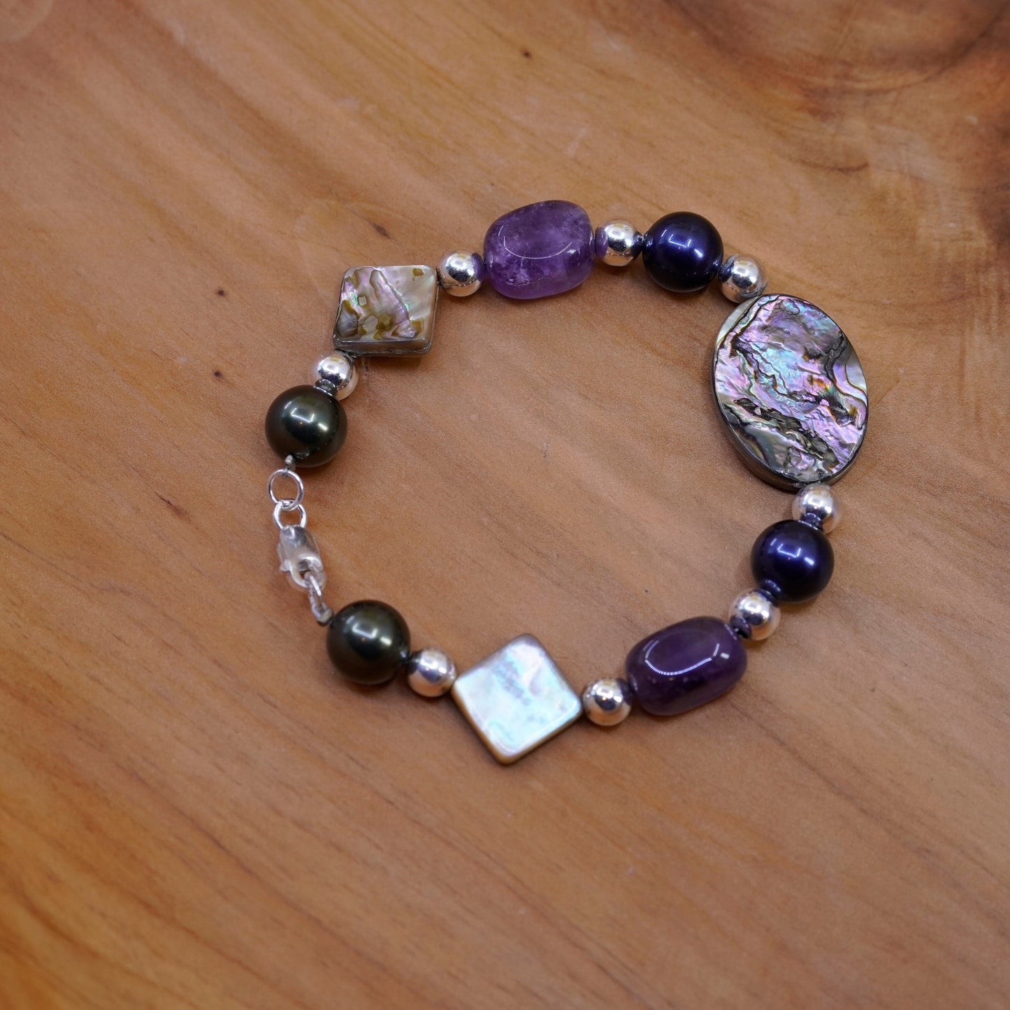 7”, Vintage Sterling silver handmade bracelet with abalone amethyst beads