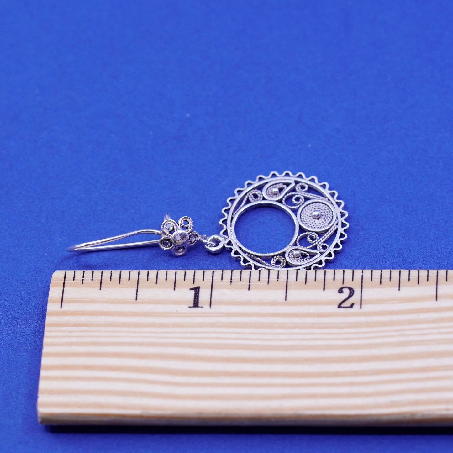 Vintage DCS sterling silver handmade earrings, 925 filigree round dangles