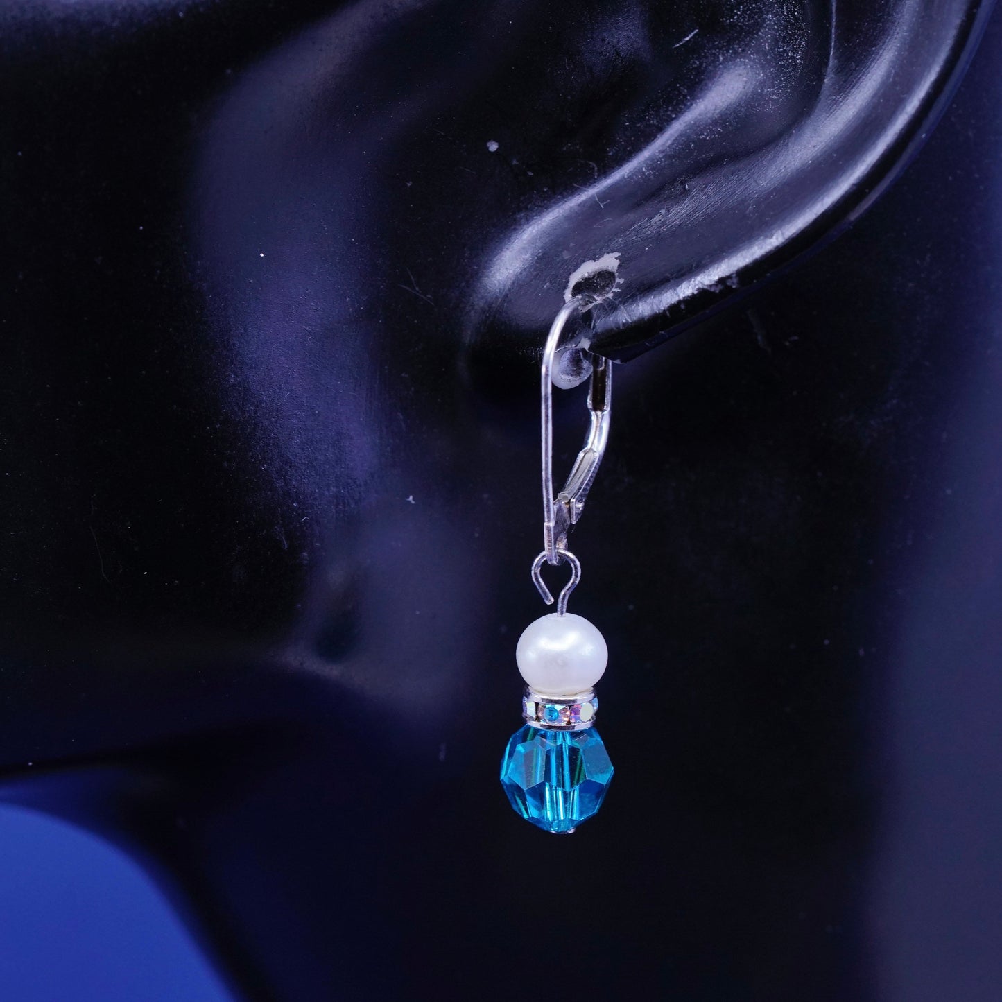 Vintage sterling 925 silver handmade earrings, with cube blue crystal and pearl