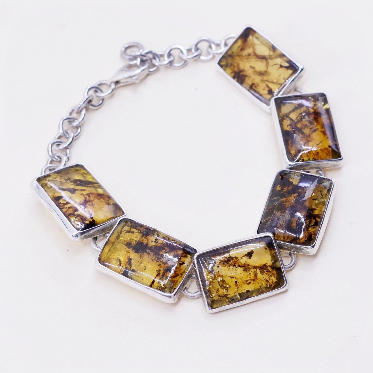6.75+1”, Vintage sterling 925 silver handmade bracelet with amber
