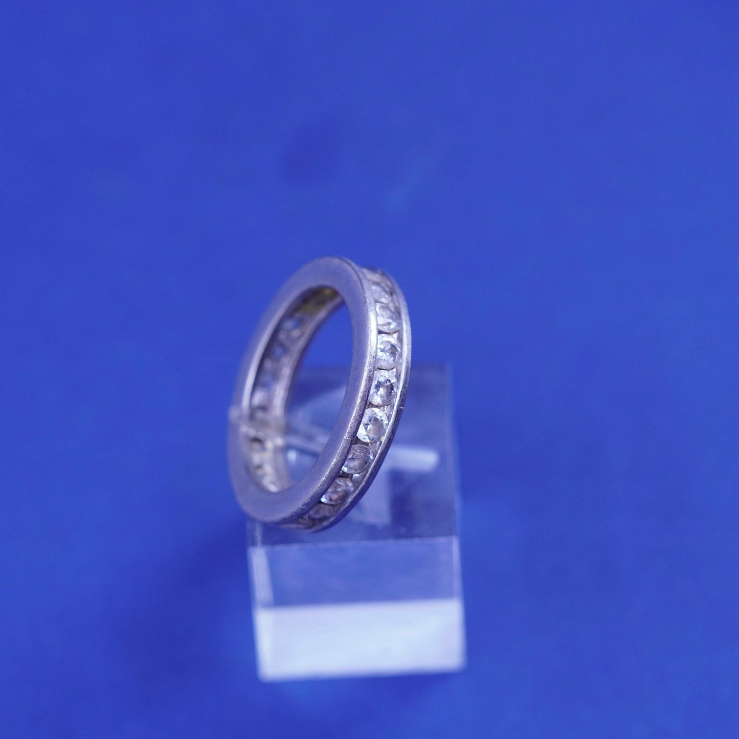 Size 8, vintage Sterling silver engagement ring, 925 band with clear cz around