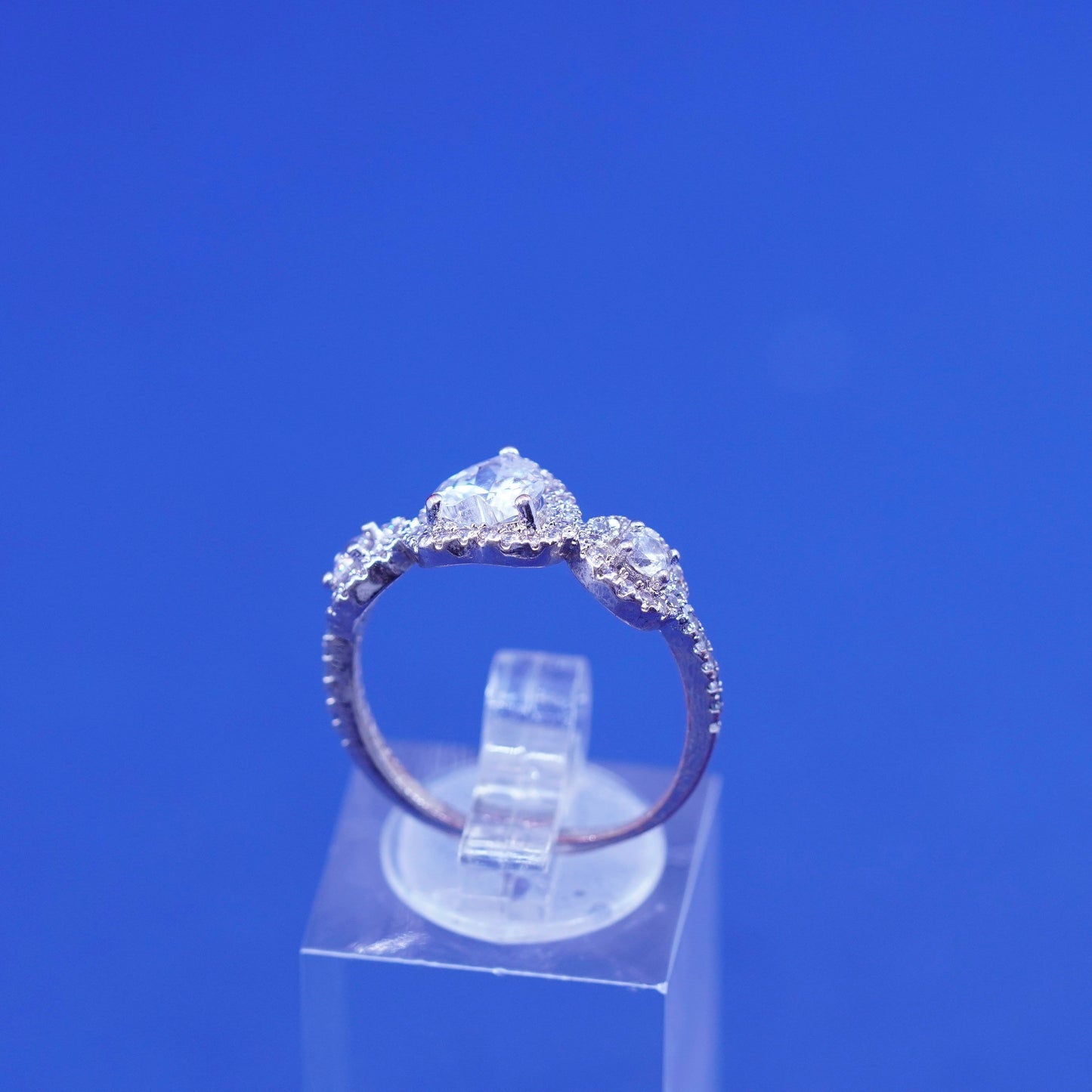 Size 8, vintage Sterling 925 silver engagement ring with heart and cluster Cz