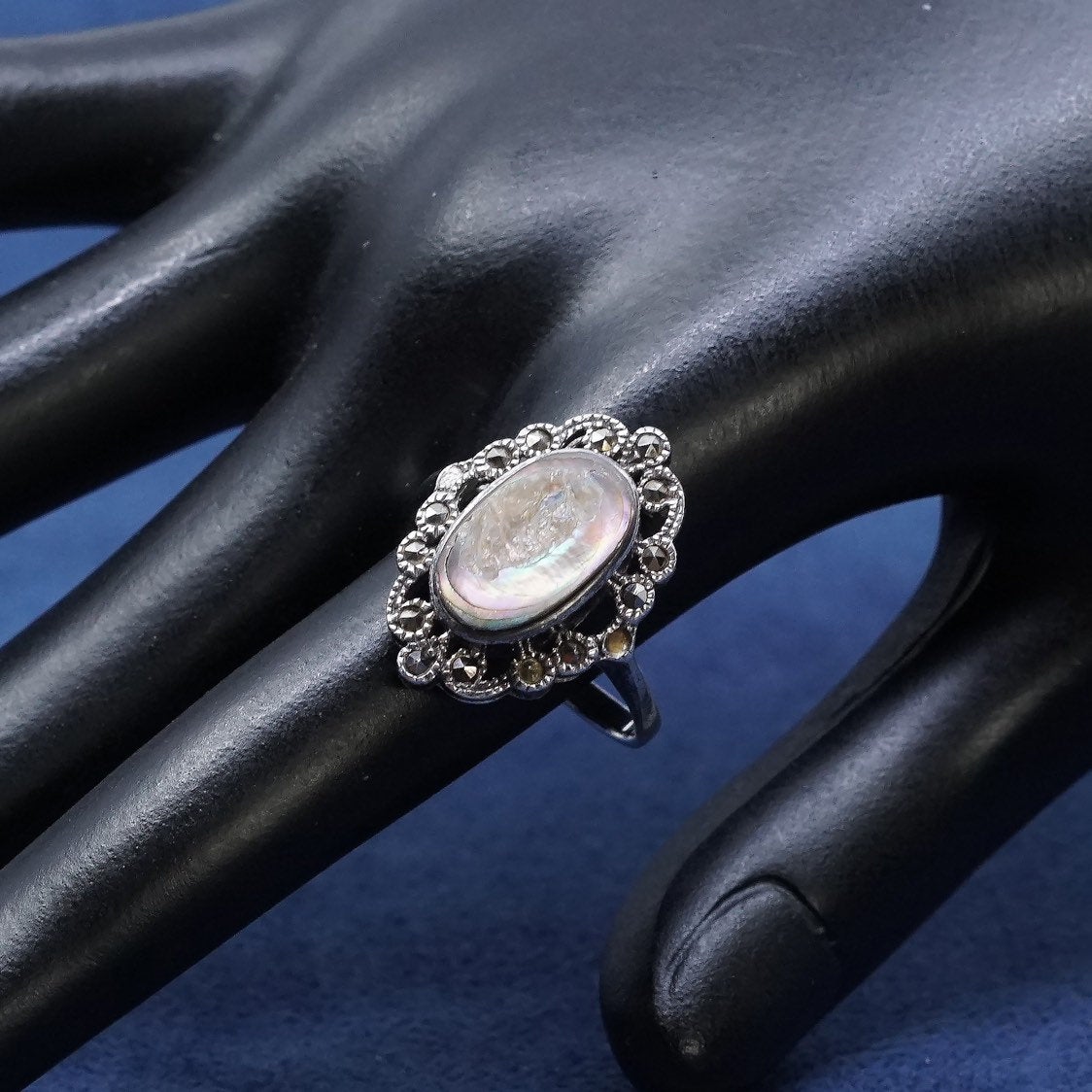sz 9.25, sterling silver handmade ring, southwestern 925 w/ abalone N marcasite