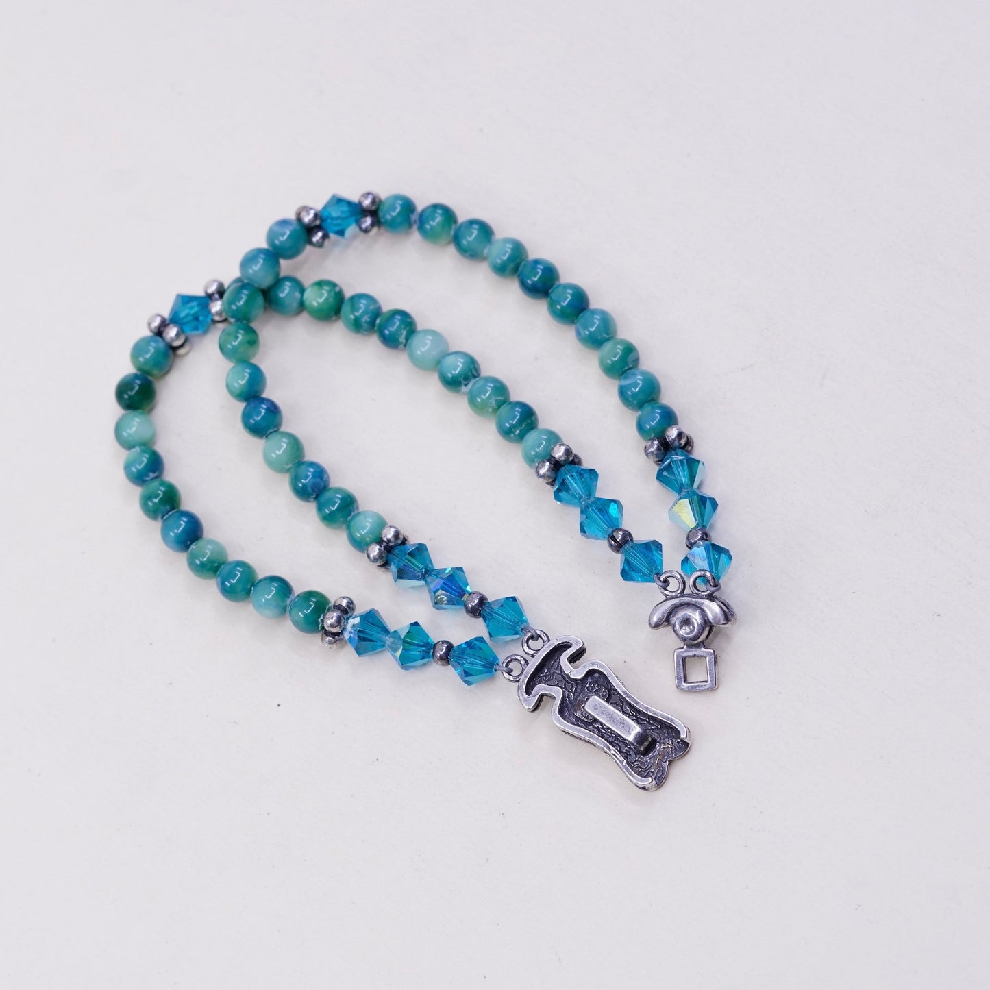7”, vtg handmade bracelet green blue jade beads w/ 925 Sterling silver clasp
