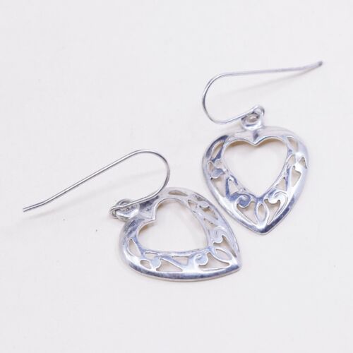 Vintage sterling silver handmade earrings 925 filigree heart, Stamped Sterling