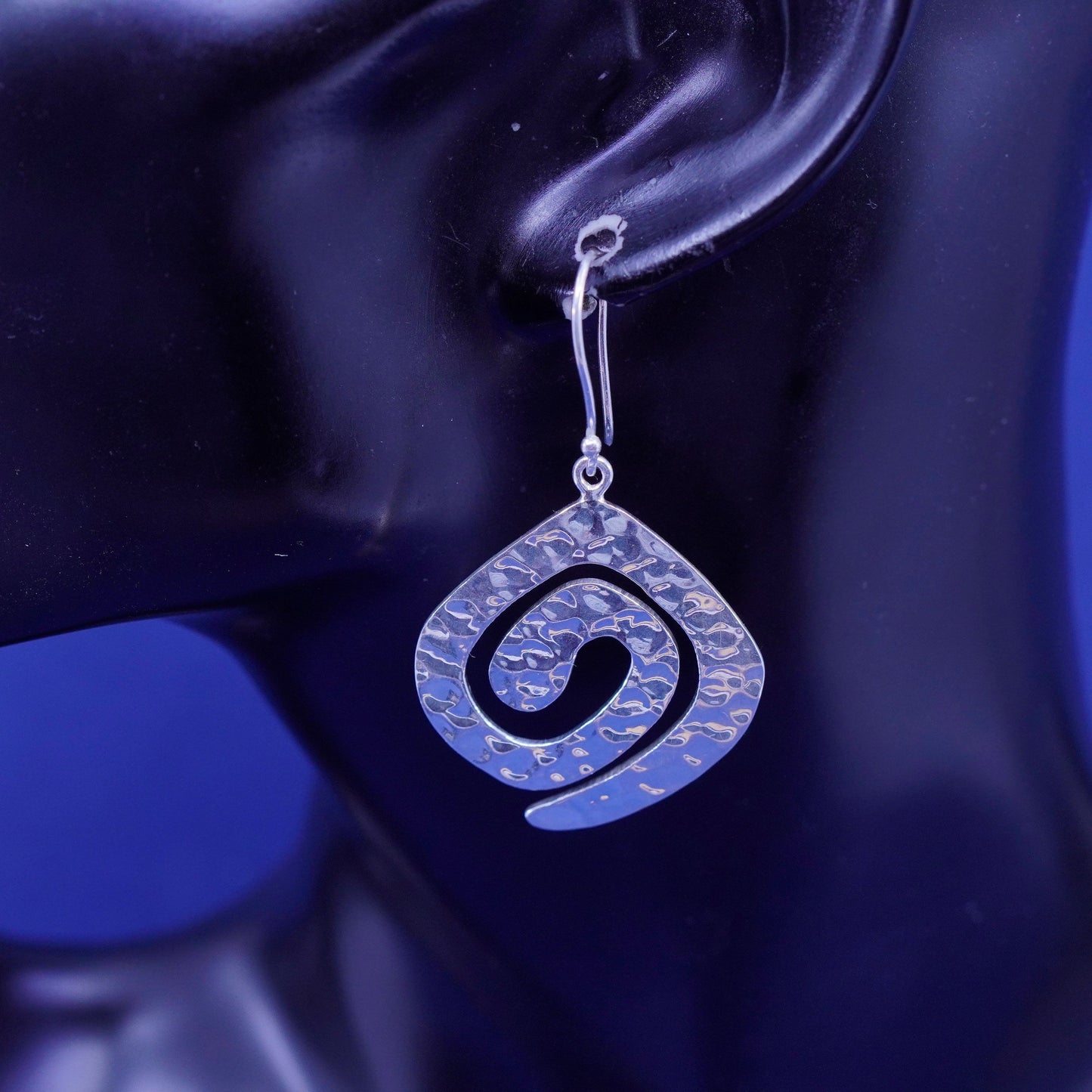Vintage Sterling Silver handmade Earrings. Hammered 925 swirl dangles
