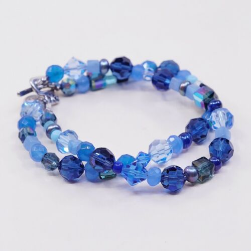 6.5”, Double Strands Sterling 925 Silver Handmade Bracelet, Blue Crystal beads