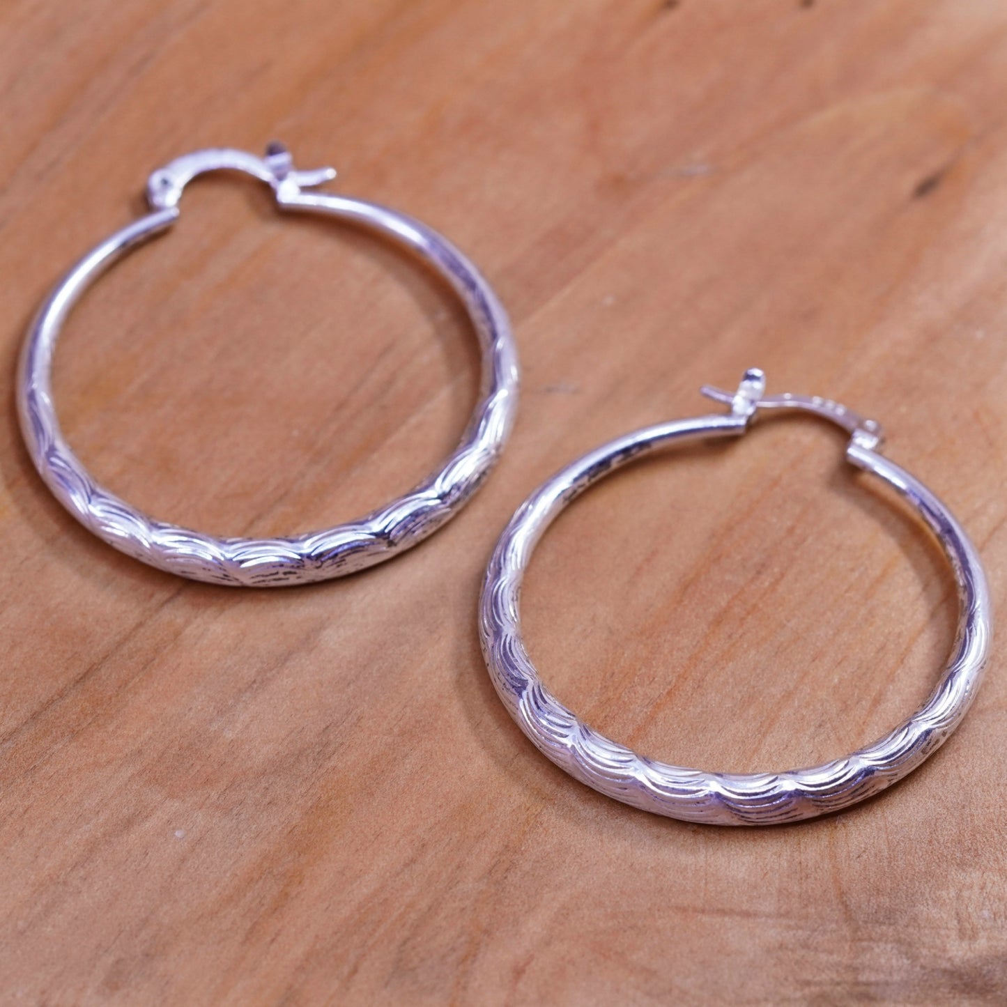 1.5”, vtg Italy Sterling silver handmade hoops, textured 925 huggie earrings