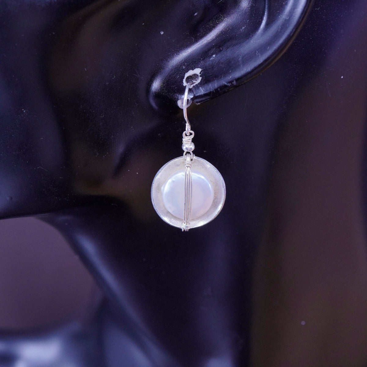 Retired Sterling 925 Silver 925 disc handmade Coin Pearl Earrings