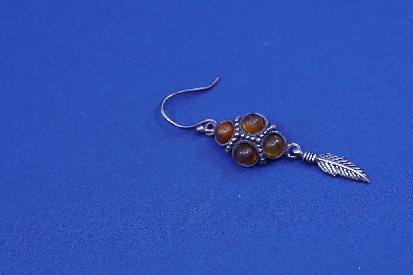 Vintage sterling 925 silver handmade earrings with amber and feather drop