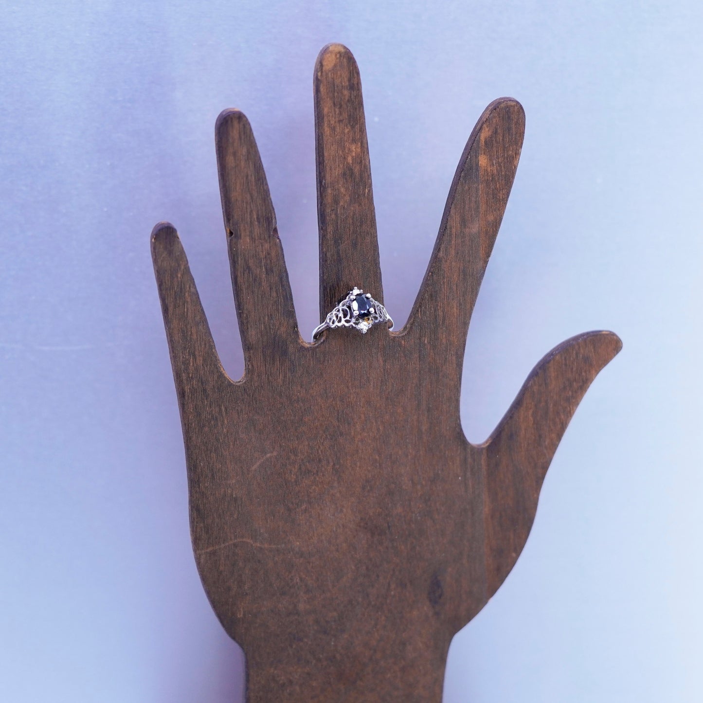 Size 9.25, vintage Sterling 925 silver handmade ring with sapphire and cz