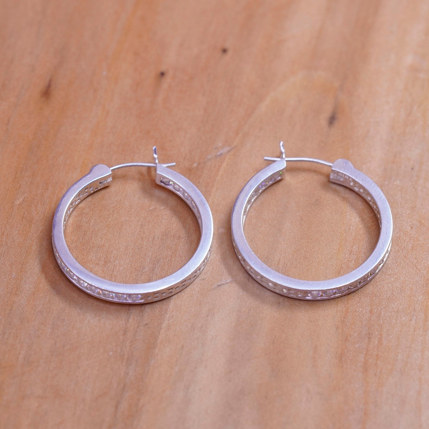 1”, vintage Sterling silver handmade earrings, 925 hoops with cluster crystal