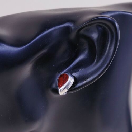 Vintage Mexico Sterling Silver Handmade Earrings, 925 Teardrop Studs W/ Jasper
