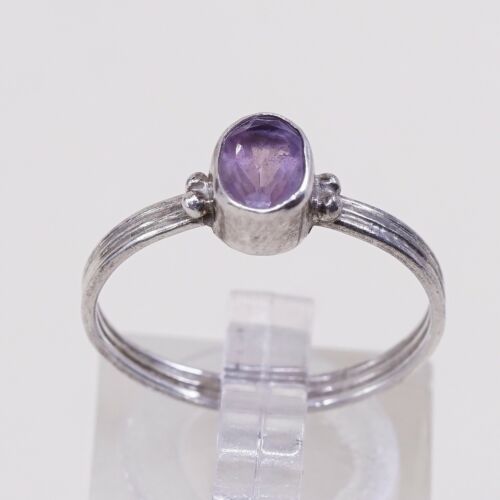 Sz 4.75, Vtg Sterling silver handmade ring, Engagement 925 W/ Oval Amethyst