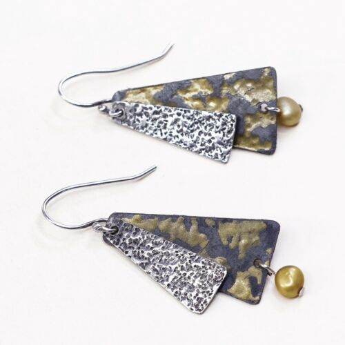 Vtg Modern Yellow Sterling Silver Handmade Earrings, 925 Silver W/ Disc N Pearl