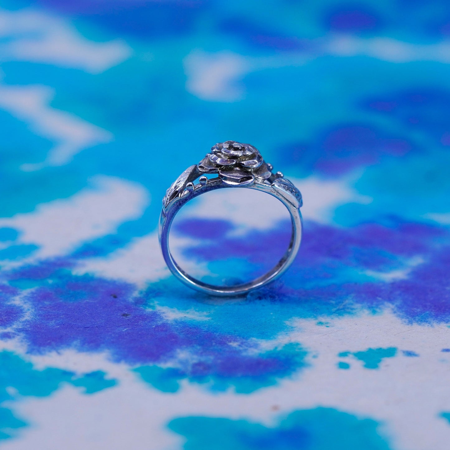 Size 7, vintage Sterling silver handmade ring, 925 rose flower leaves