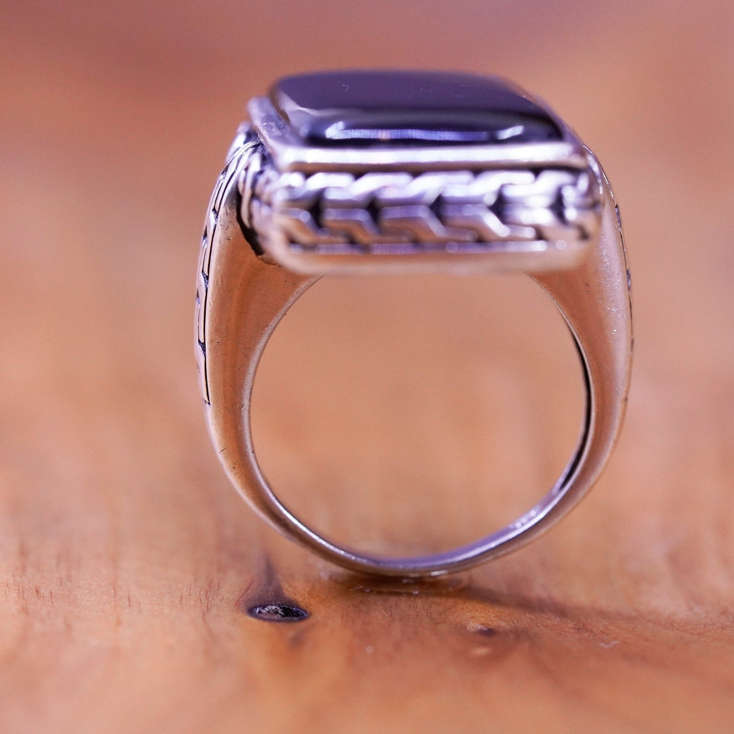 Size 6.25, vintage Mexico Sterling 925 silver handmade ring with oval onyx