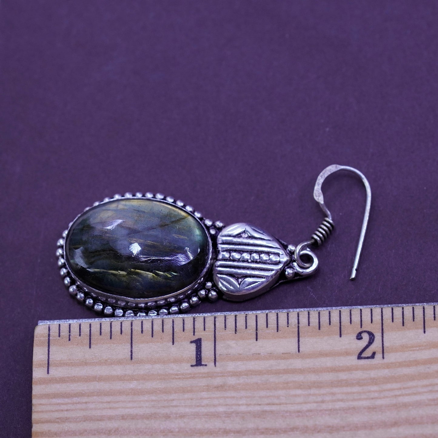 Vintage Sterling 925 silver handmade earrings with oval labradorite and beads