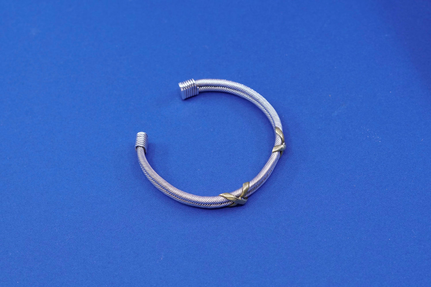 7”, sterling silver handmade bracelet, 925 twisted cable cuff with copper cross