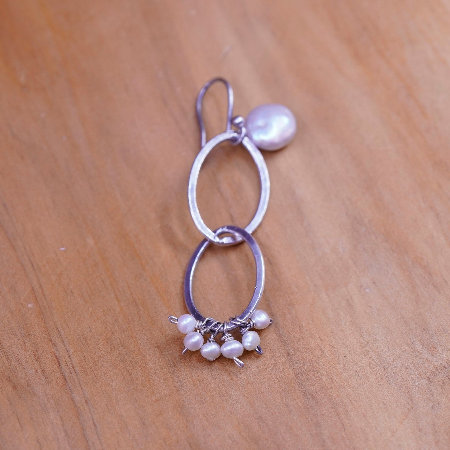 Vintage Sterling 925 silver handmade oval earrings with cluster pearl