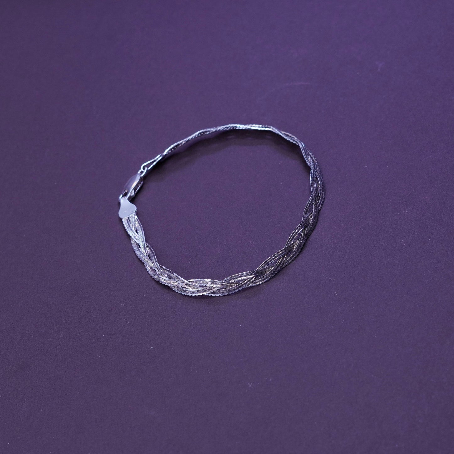 7.25”, Sterling silver braided woven herringbone chain, 3 strands 925 bracelet
