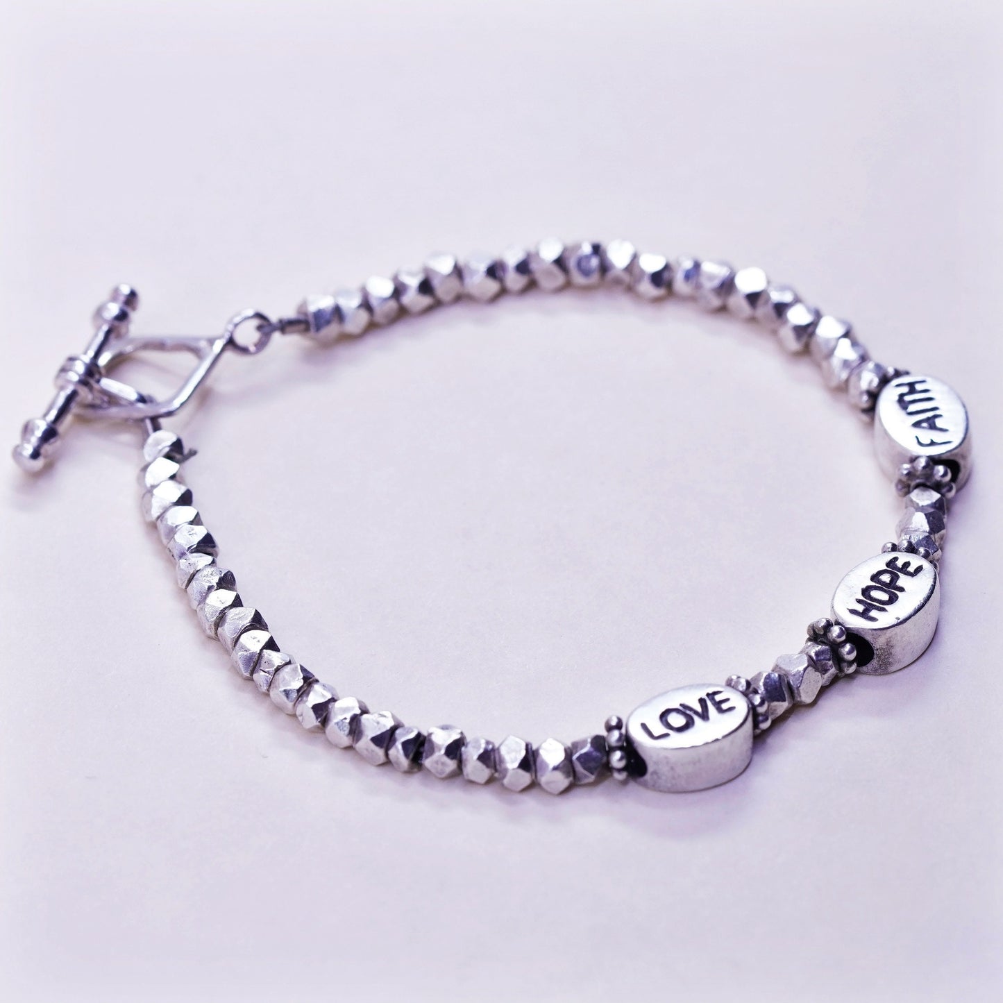 7”, sterling silver handmade bracelet, nugget 925 beads with “love hope faith