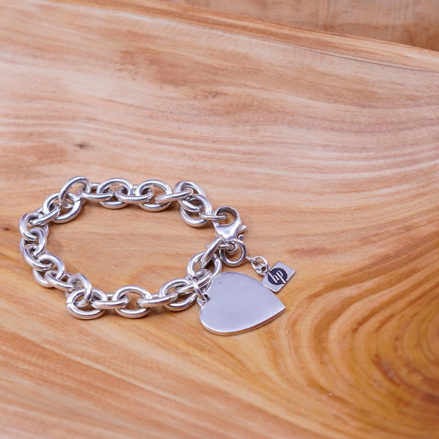 6.75”, Sterling silver handmade charm bracelet, 925 circle chain heart charm