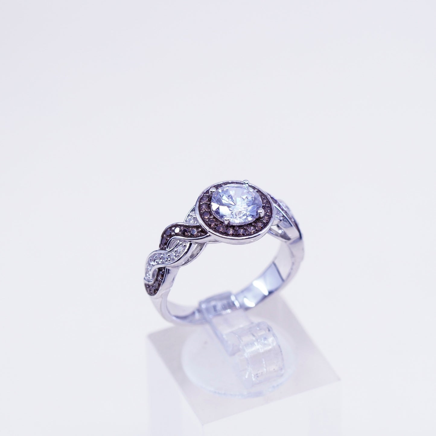 Size 7.25, two tone Sterling 925 silver entwined ring w/ Cz and cluster citrine