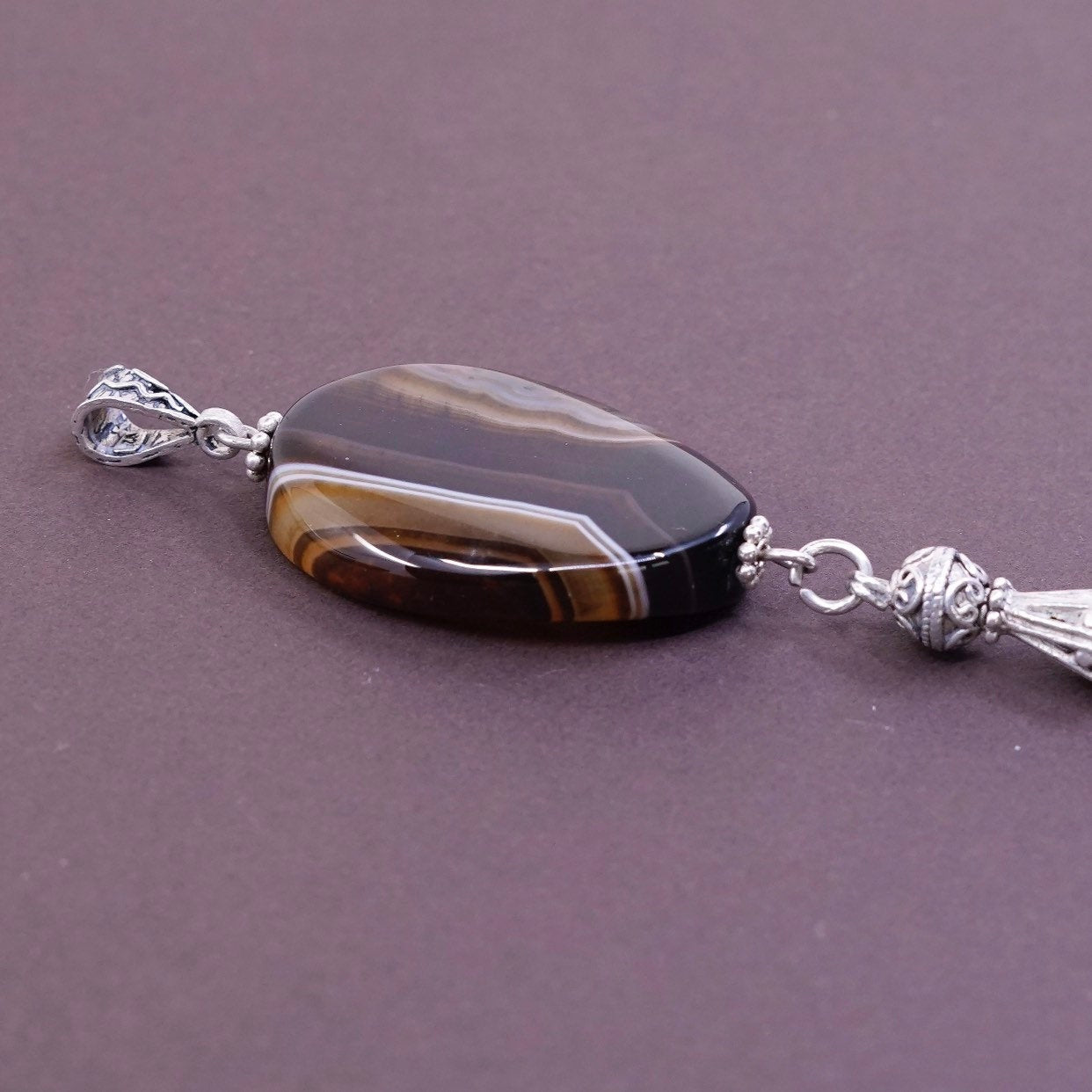 Southwestern Sterling silver handmade pendant, 925 w/ agate N wheat fringe