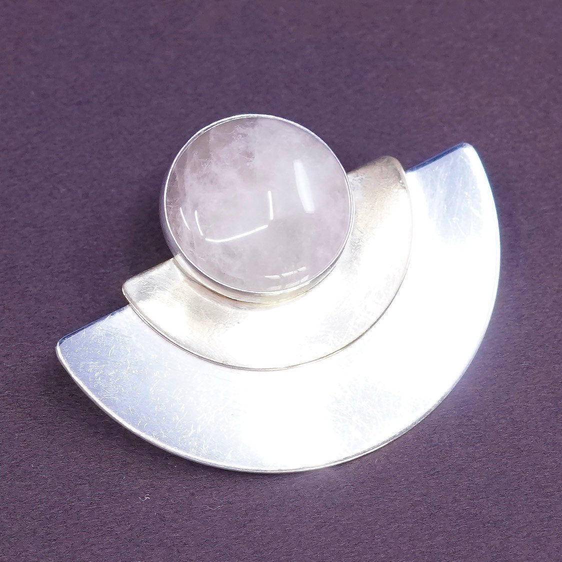 VTG PJ two tone modern Sterling Silver Handmade Pendant, 925 w/ pink quartz