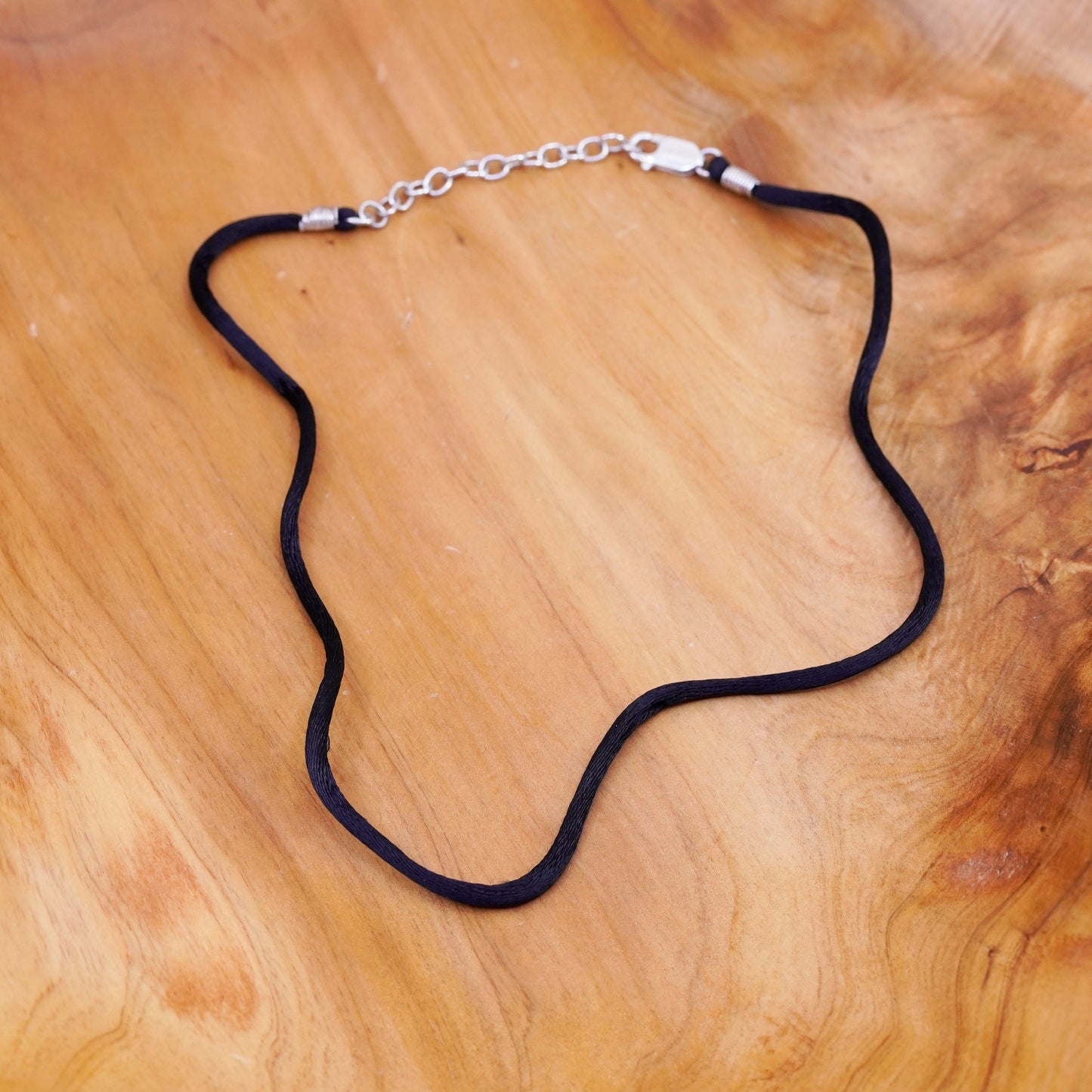15+3”, handmade necklace, black silk thread choker with sterling silver clasp