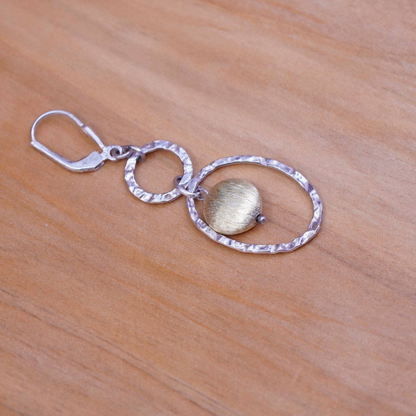 two tone Sterling 925 silver handmade circle earrings with brass bead dangles