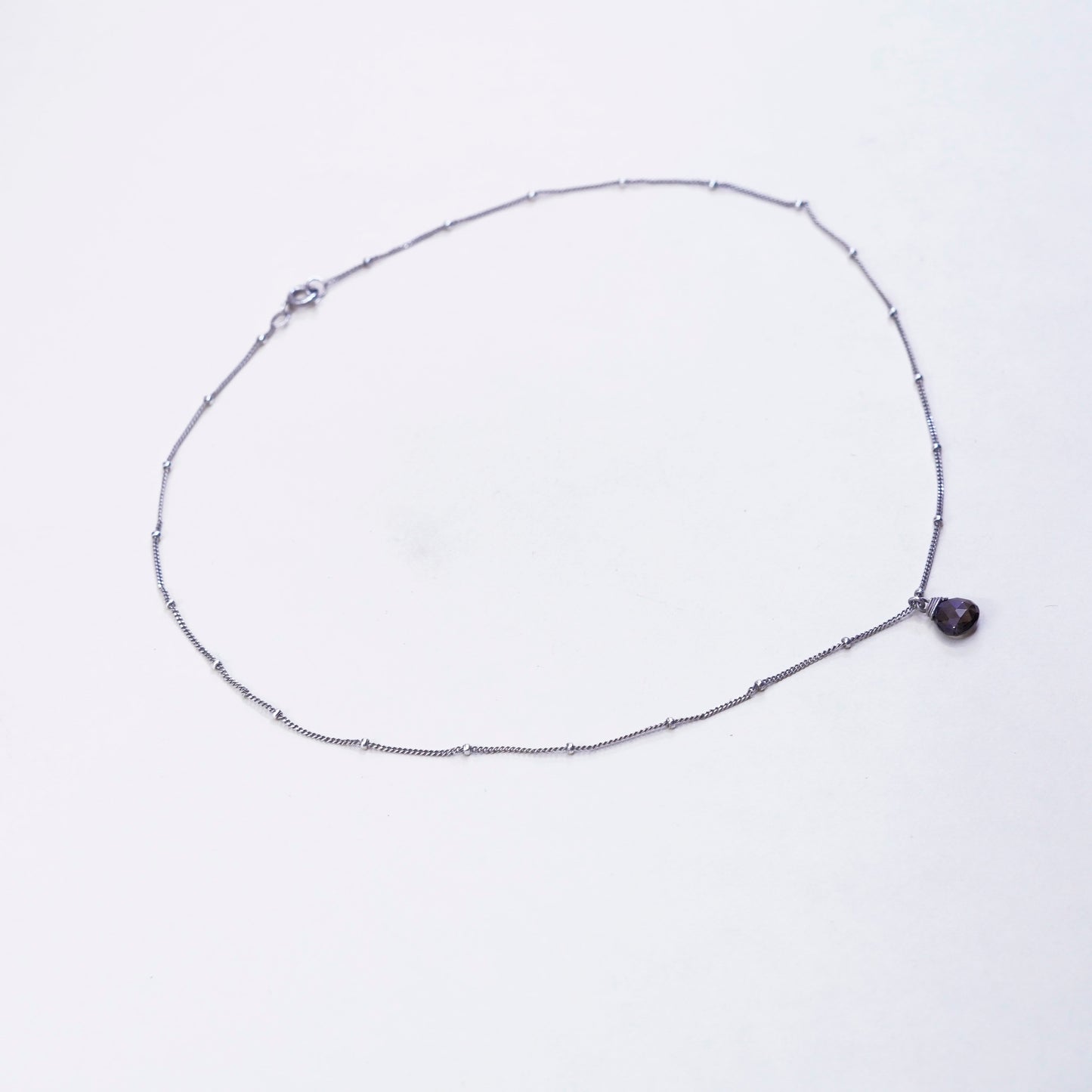 16”, vtg sterling silver necklace, teardrop crystal pendant bead circle chain